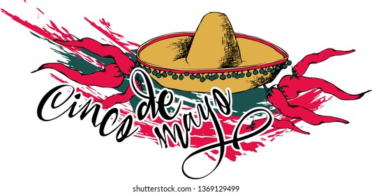 Sombrero. Vector illustration with design for Mexican holiday 5 may Cinco De Mayo. Vector template with traditional Mexican symbols 