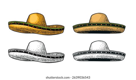 Sombrero. Vintage color engraving illustration. Isolated on white background. Hand drawn design element for label and poster