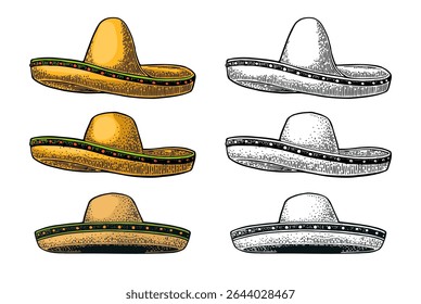Sombrero. Vintage color engraving illustration. Isolated on white background. Hand drawn design element for label and poster