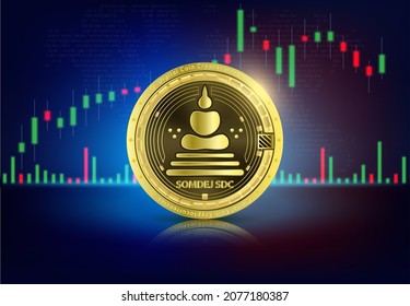 Somdej coin gold on world map. Cryptocurrency. Blockchain stock market growth. Internet electronic payment futuristic. 3D vector.