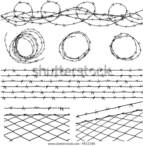 フェンスを持つ有刺鉄線エレメントと 別の層の有刺鉄線シームレスモジュール のベクター画像素材 ロイヤリティフリー