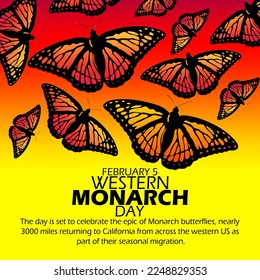 Some beautiful fluttering butterflies with bold text and sentences on a gradient background to commemorate Western Monarch Day on February 5