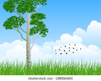 some birds flying in the blue sky and the tree growing in grass