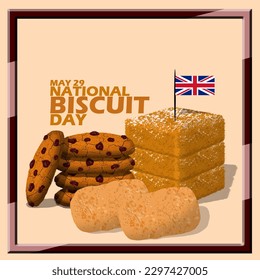 Algunos galletas crujieres con bandera británica y texto en negrita en un marco con fondo marrón claro para celebrar el Día Nacional del Biscuit el 29 de mayo en el Reino Unido