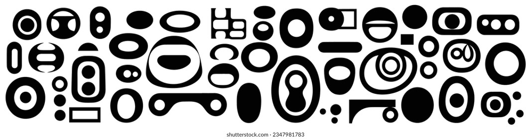 some black shapes with various shapes on them, in the style of quadratura, rounded