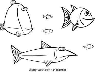 some black and white fishes just swimming around.  EPS 8 vector file. Just black and white. No transparencies.