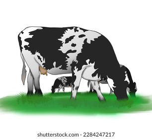 Algunas vacas rayadas blancas y negras están comiendo hierba en la pradera