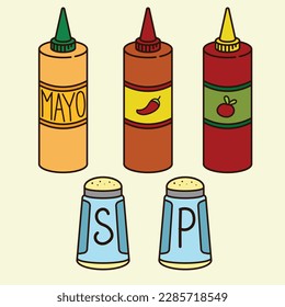 some bottle of salt pepper ketchup chili sauce mayonaise