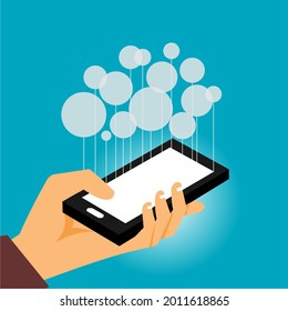 some bubbles related to the line coming out of the smartphone screen held by the hand