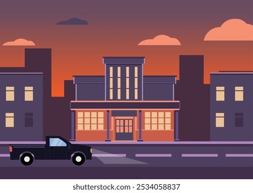 some buildings on the outskirts of the city with a dusk atmosphere. equipped with cars and a sunset background
