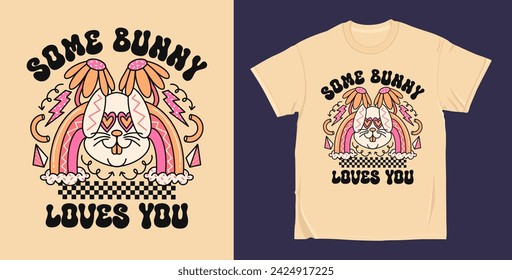 Some bunny loves you 90s Retro easter groovy cartoon character, easter t shirt design vector. Hippie easter illustration for print