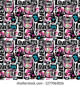 Some bunny loves you,motivation seamless pattern.Modern Easter  design template, trendy painted style texture, poster with different doodle elements.Perfect for interior,fabric, textile,apparel design