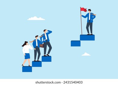 Some business people struggle to climb broken stairs, while others at the top. Concept of skill gaps, career problem, talent obstacle, and differences in knowledge to achieve their goals