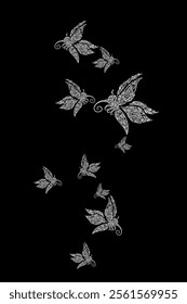 some butterflies flying with tribal motif on black background