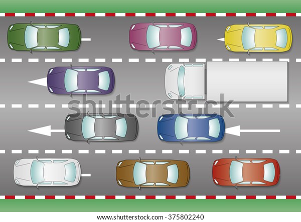 Some cars and trucks trapped in a traffic jam.\
Rush hour from above.\
Vector