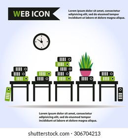 Some chairs with plant and folders on them, clock on the wall, office furniture, vector, set.