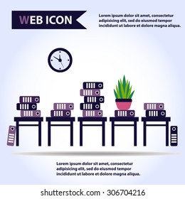 Some chairs with plant and folders on them, clock on the wall, office furniture, vector, set.
