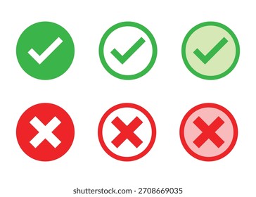 Algunos Botones de comprobación contienen una marca de verificación y otros contienen una cruz. Conveniente para el Web y los App