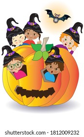 Some children in witch hats come out of a pumpkin to celebrate halloween