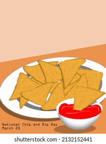 
ein paar Pommes auf einem weißen Teller und eine kleine Schüssel Soße auf einem braunen Tisch serviert, National Chip und Dip Day 23. März