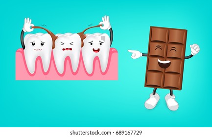 Some chocolate stick between tooth. Funny cartoon character. Dental care concept. Illustration isolated on green background.