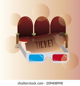 some cinema chairs, a 3d glasses and a ticket entrance