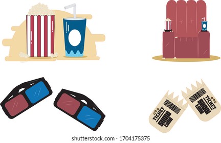 Algunos artículos de cine. Copa de plástico, bolsa de palomitas, sillón, gafas 3D y boleto. Colores retro y vintage.