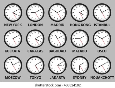 Some clocks faces showing time differences in diverse world cities. vector illustration