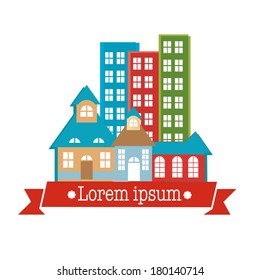 some colored buildings and a ribbon with text