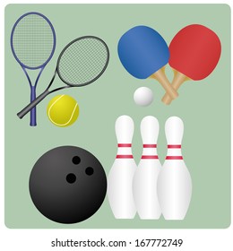 some colored equipments for different sports in blue background