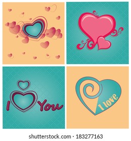 some colored hearts with borders and textures in different backgrounds