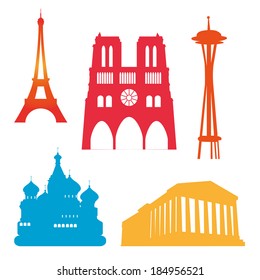 some colored silhouettes of famous buildings around the world