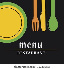some colored utensils with a dish and some white text for menu design