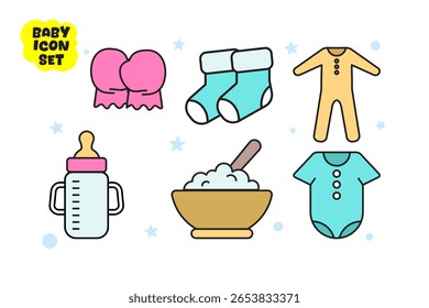 Some colorful baby icons with outlines such as baby gloves, long dress, socks,  bottle and food bowl