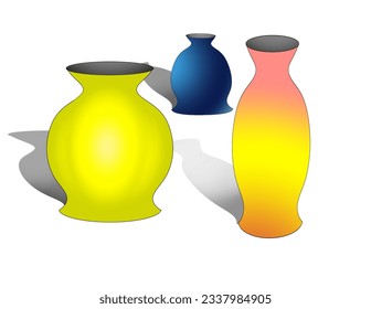 some colorful earthenware jars on a white background