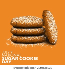 Some Cookies With Sugar Topping On Brown Background With Bold Texts, National Sugar Cookie Day July 9