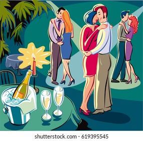 Some couples dance tenderly embraced.
