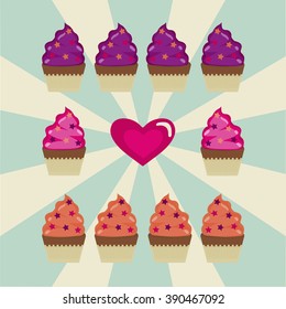 Some cupcakes and the heart on the white and blue background