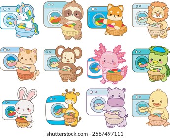 Some cute animals are doing housework.
Funny animals doing chores.
Some animals cleaning the clothes with washing machine