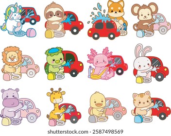 Some cute animals are doing housework.
Funny animals doing chores.
Cute animals washing a car