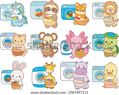 Some cute animals are doing housework.
Funny animals doing chores.
Some animals cleaning the clothes with washing machine