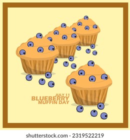 Algunos muffins de arándano azul con un texto en negrita sobre fondo marrón claro para celebrar el Día Nacional del Muffin de Arándano Azul el 11 de julio