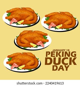 Some delicious looking Peking duck plates with bold text on light yellow background to celebrate Peking Duck Day on January 18