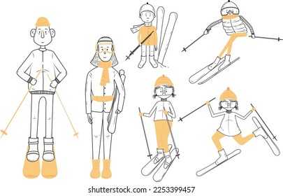 Some different characters ready for some winter activities. Family portrait with ski material ready for a day in the mountains with all the family together.