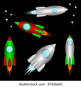 Some different space rockets on a black background.