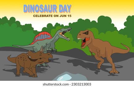 some dinosaurs are playing in the forest and bold text commemorating Dinosaur Day on May 15 and June 1
