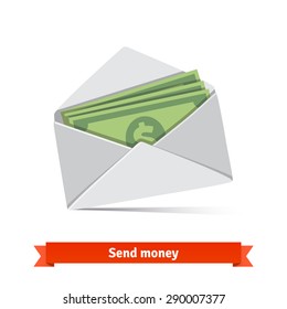 Some Dollar Bills In White Envelope. Send Money Concept. Flat Vector Icon.