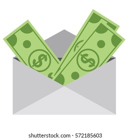 Some dollar bills in white envelope. Send money concept. Flat vector icon.