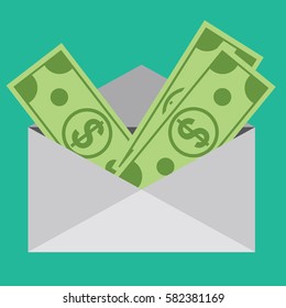 Some dollar bills in white envelope. Send money concept. Flat vector icon.