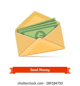 Some dollar bills in yellow paper envelope. Send money concept. Flat vector icon.